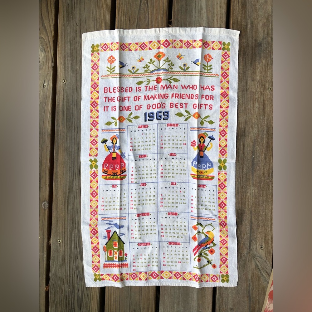 Vintage Tea Towel 1969 Linen Kitchen Faux Cross Stitch Calendar Dish